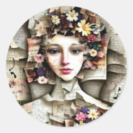 Adesivo Redondo Collage Art | Rapariga Bonito feita de Páginas de 