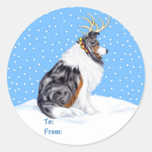 Adesivo Redondo Collie Christmas Reindeer Blue Merle Gift Tags