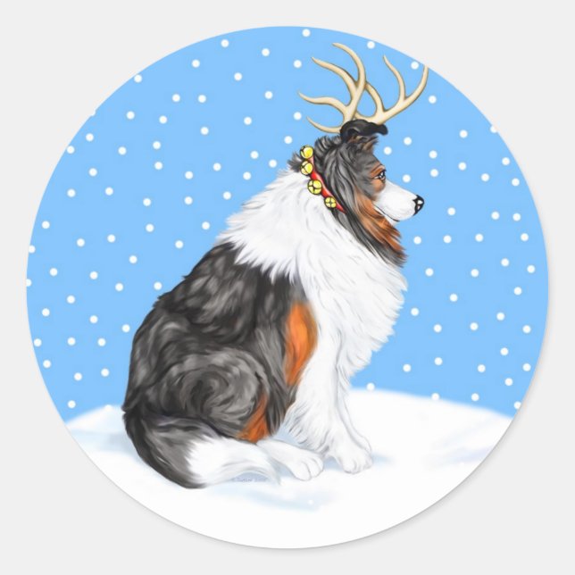 Adesivo Redondo Collie Christmas Reindeer Tri (Frente)