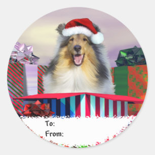 Adesivo Redondo Collie Christmas Surpise Gift Tags