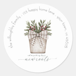 Adesivo Redondo Colocando Novas Raízes no Novo Rótulo de Endereço