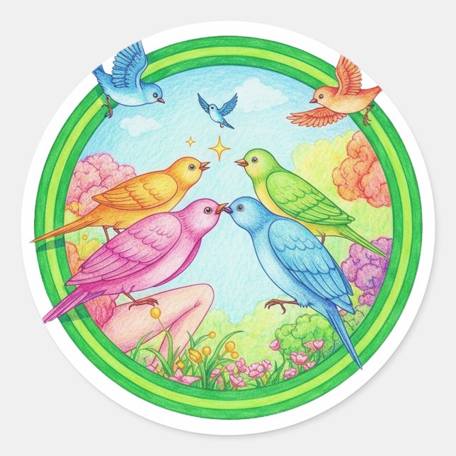 Adesivo Redondo Colorful Birds in Circular Garden (Frente)