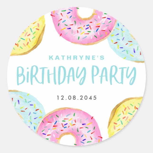 Adesivo Redondo Colorful Pastel Sprinkle Donuts Birthday Party (Frente)