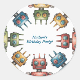 Adesivo Redondo Colorful Retro Robots Boy Birthday Party