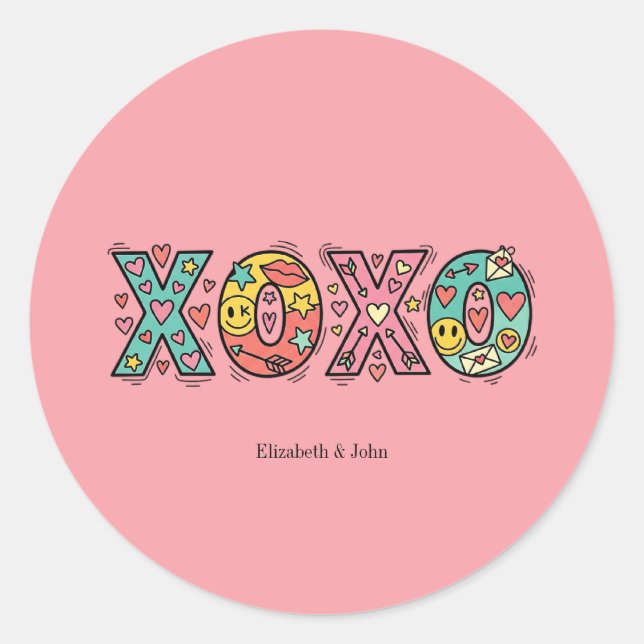Adesivo Redondo Colorful Whimsical "XOXO" Valentine's Day   (Frente)