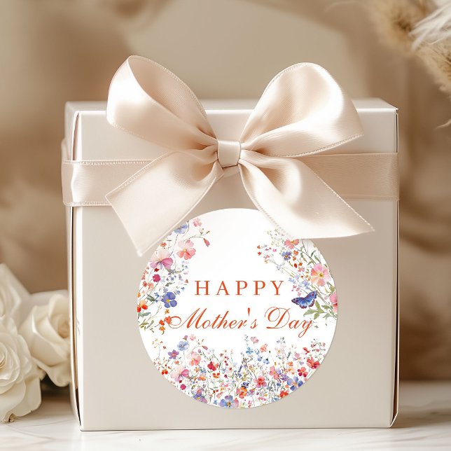 Adesivo Redondo Colorful Wildflowers Happy Mother's Day Sticker (Colorful Wildfower Happy Mother's Day Favor gift stickers)