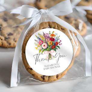 Adesivo Redondo Colorida Flores de Jardim Buquê Rosa Arco Obrigado