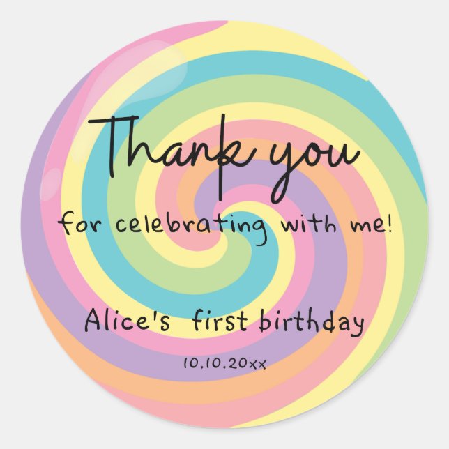 Adesivo Redondo Colorida Lollipop, Obrigado (Frente)