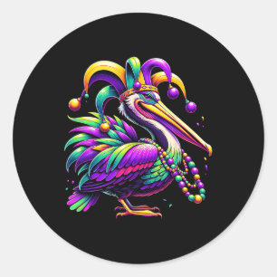Adesivo Redondo Colorida Mardi Gras Pelican Louisiana Jester Hat B