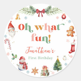 Adesivo Redondo Colorida Oh Que Divertido Primeiro Aniversário De