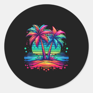 Adesivo Redondo Colorida Palm Trees Beach Neon Beach Vacatie Engra