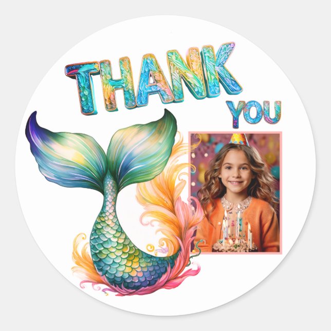 Adesivo Redondo Colorida Sereia Aniversário Obrigado Foto Rapariga (Frente)