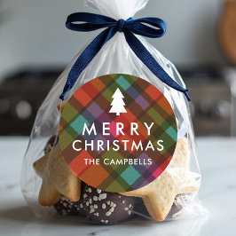 Adesivo Redondo Colorida Xadrez Moderna Nome da Árvore de Natal