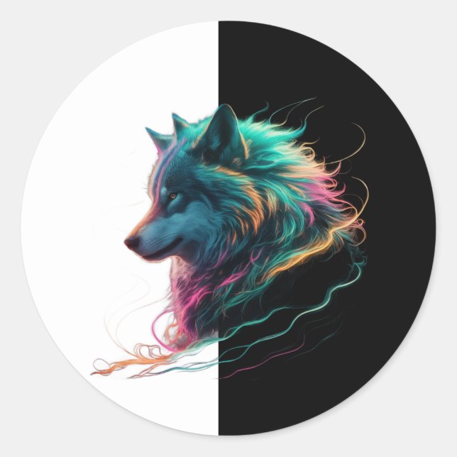 Adesivo Redondo Colourful Wolf Sticker for any item surface.  (Frente)