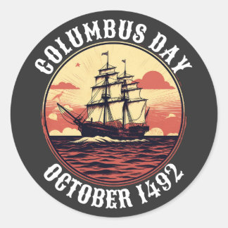 Adesivo Redondo Columbus Day Sailing Boat Vintage Sunset