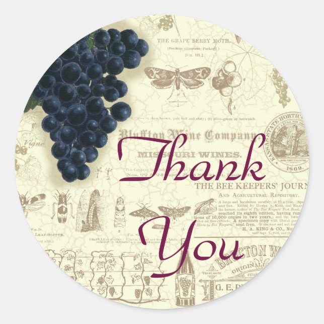 Adesivo Redondo Coluna De Uvas De Vintage, Obrigado (Frente)