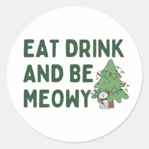 Adesivo Redondo Coma Bebida E Seja Feliz Gatinho Clássico De Natal