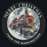 Adesivo Redondo Comboio a vapor preto decorado para o Natal, Papai<br><div class="desc">Linda,  tradicional trem a vapor preto,  todo decolado no Natal com Papais noeis acenando,  adesivo de Natal personalizado. Excelente de usar para mensagens de Natal,  embrulhamento de presentes,  tratamento de bolsas e muito mais!</div>