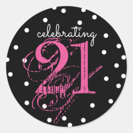 Adesivo Redondo Comemorando 21 - 21º Aniversário Rosa Preto Branco