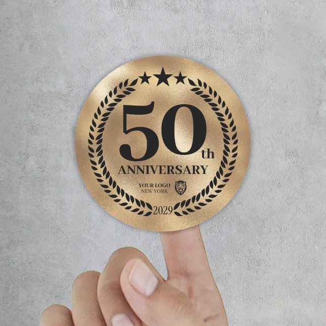 Adesivo Redondo Comemorativo do logotipo comercial do 50º aniversá (Gold 50th Anniversary Business Logo Commemorative Classic Round Sticker
)
