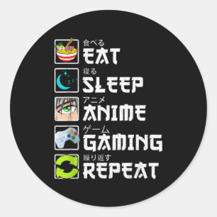 Adesivo Redondo Comer Dormir Anime Jogos Repetir Kawaii Otaku Anim