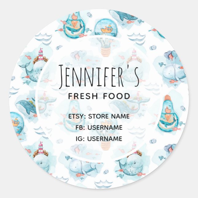 Adesivo Redondo Comércio de Padrão de Cores Aquáticas para Baleias (Frente)