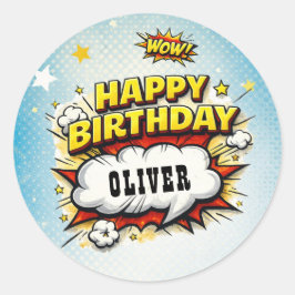 Adesivo Redondo Comic Style Superhero Boy's Name Birthday 