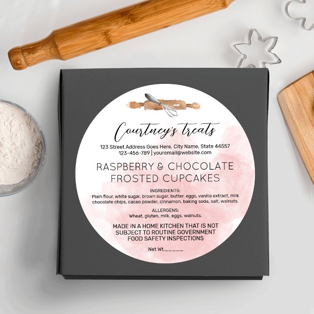 Adesivo Redondo Comida da Lei de Algodão da Caligrafia Rosa-Rosa (Blush pink watercolor food license stickers for your bakery or catering business)