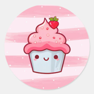 Adesivo Redondo Comida de cupcake de desenho rosa japonês, bonito