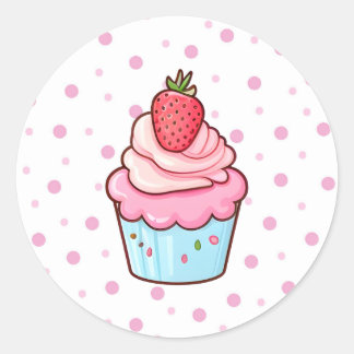 Adesivo Redondo Comida de cupcake de desenho rosa japonês, bonito
