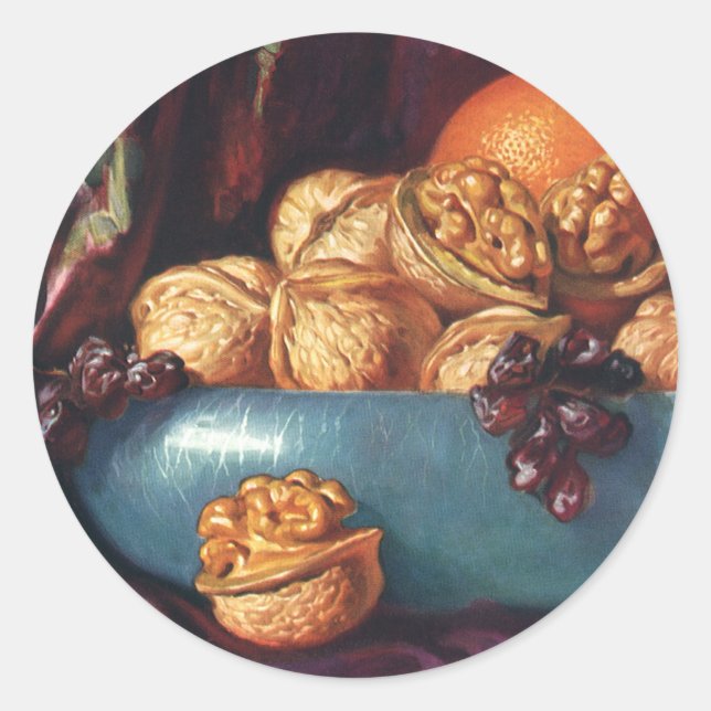 Adesivo Redondo Comida, nozes e Frutas de uma taça azul (Frente)