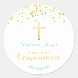 Adesivo Redondo Communion Mint e Dourado Confetti