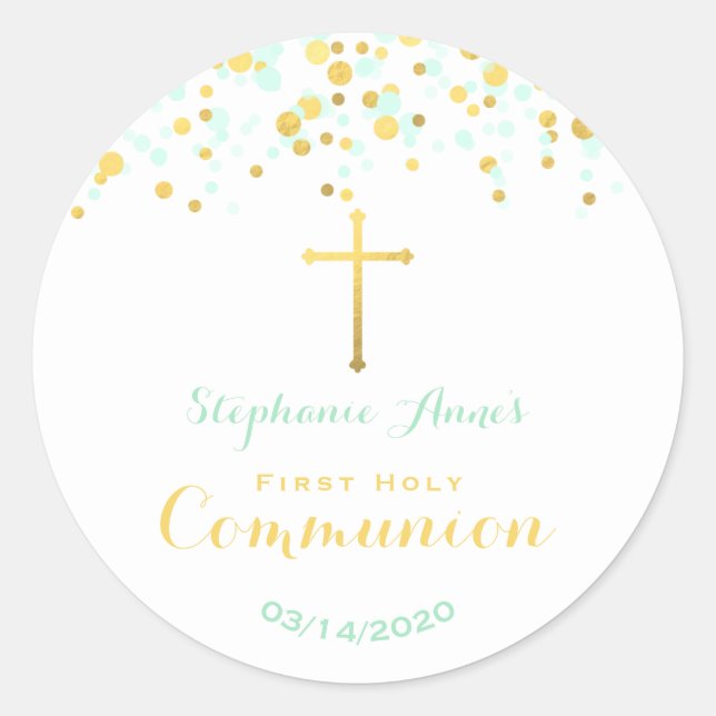 Adesivo Redondo Communion Mint e Dourado Confetti (Frente)