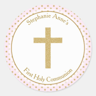 Adesivo Redondo Communion Pink com Bolinhas Douradas