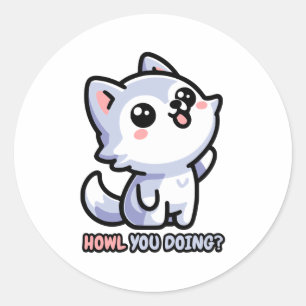 Adesivo Redondo Como vai! Cute Howling Wolf Pun