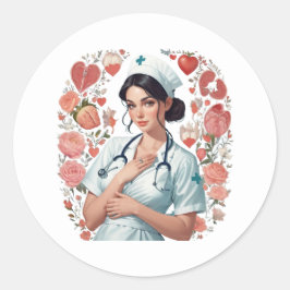 Adesivo Redondo Compassionate Nurse – Elegant Floral Art Illustrat