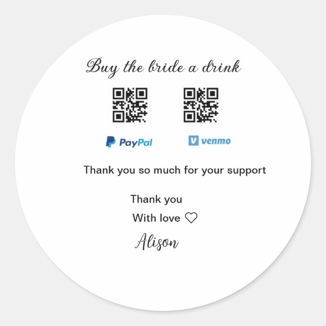 Adesivo Redondo Comprar uma bebida para a noiva doação QR Venmo Pa (Frente)