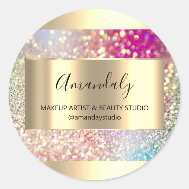 Adesivo Redondo Compro Beleza Makeup Quadro Dourado Favor Hológraf (Frente)