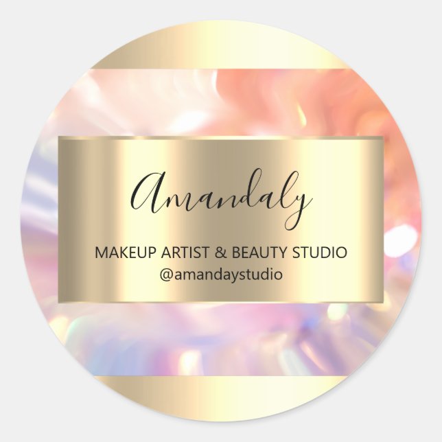 Adesivo Redondo Compro Beleza Makeup Quadro Dourado Favor Holograp (Frente)