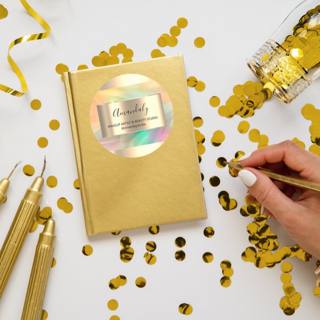 Adesivo Redondo Compro de Beleza Makeup Frame Dourado Favor Pintad (Makeup Beauty Shop Frame Gold Favor Painted Classic Round Sticker)