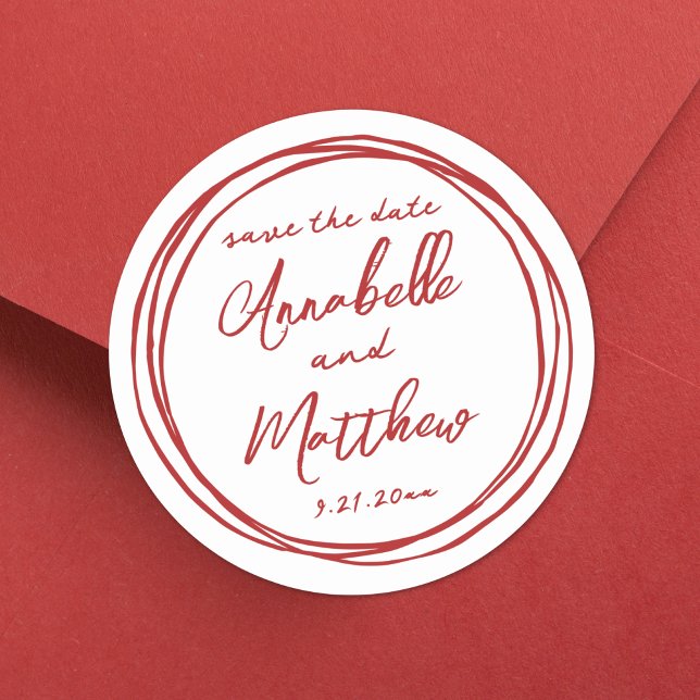 Adesivo Redondo Compromisso Vermelho Manuscrito Salvar a Data (Simple Trendy Red Engagement Save The Date Classic Round Sticker )