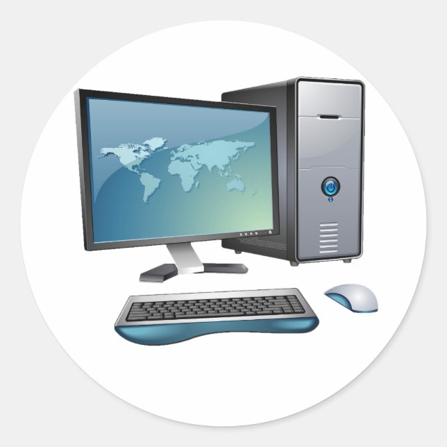 Adesivo Redondo Computador desktop com monitor, teclado e mouse (Frente)