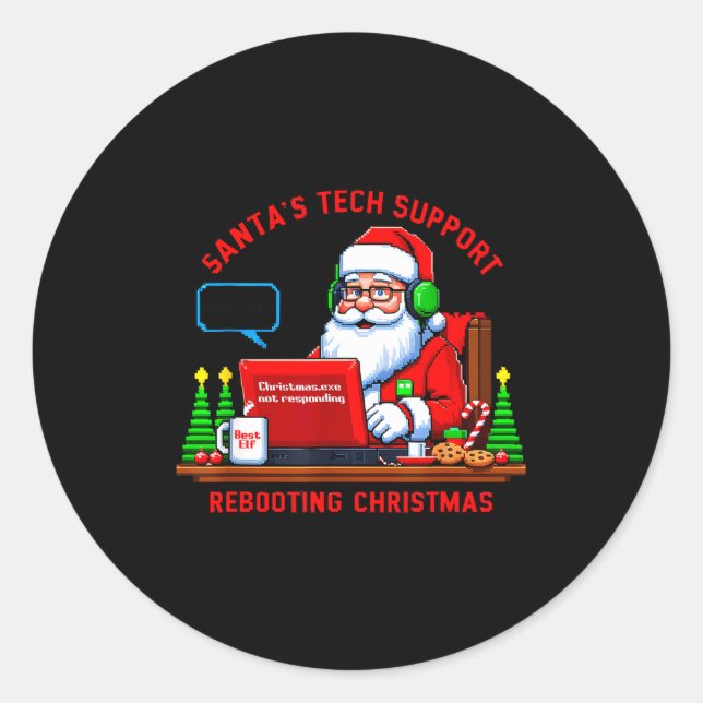Adesivo Redondo Computer Meme Funny Santa's Tech Suprt Rebooting C (Frente)