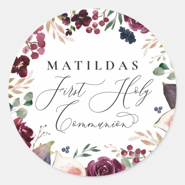 Adesivo Redondo Comunhão santa floral em aquarela roxa e rosa (Frente)