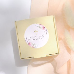 Adesivo Redondo Comunhão santamente floral da caligrafia elegante