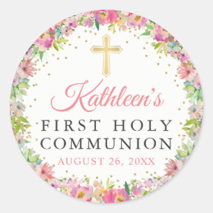 Adesivo Redondo Comunhão santamente floral do rosa Dourado do