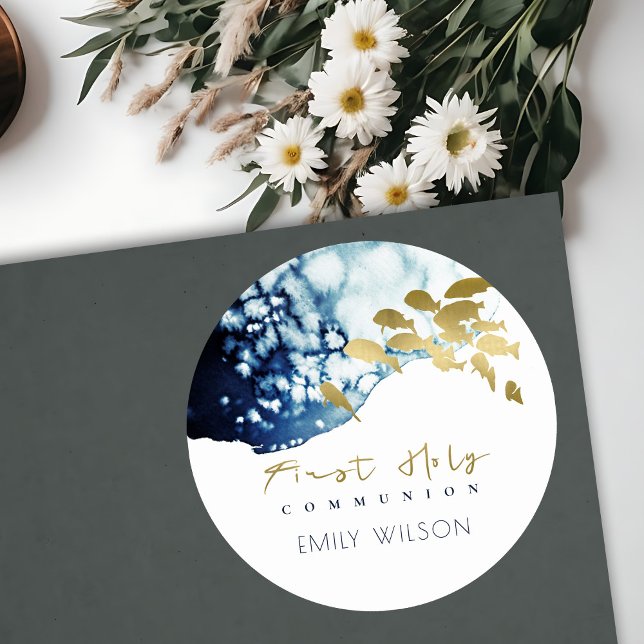 ADESIVO REDONDO COMUNHÃO SOLENE PEIXE MAR ÁGUA NAVAL OURO (Criador carregado)
