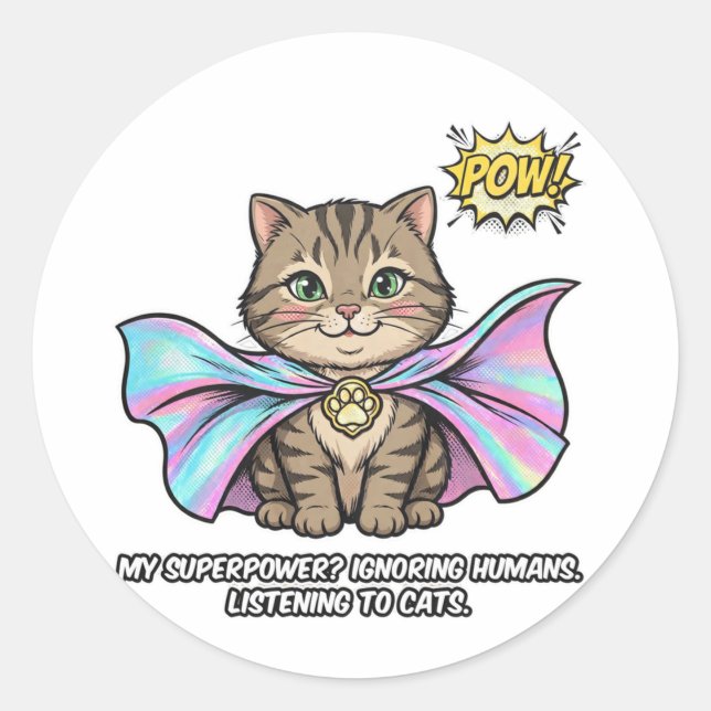 Adesivo Redondo Comunicador de Gato Engraçado Superpoder Tabby Cap (Frente)
