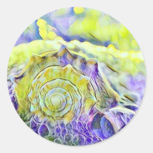 Adesivo Redondo Concha de caramujo roxa amarela em aquarela de águ