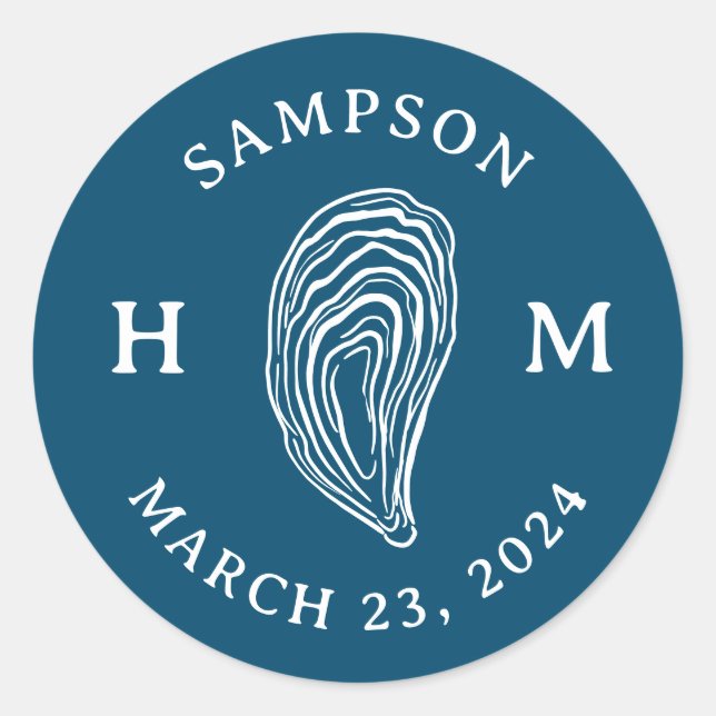 Adesivo Redondo Concha de Ostra Náutica com Data de Nome (Frente)